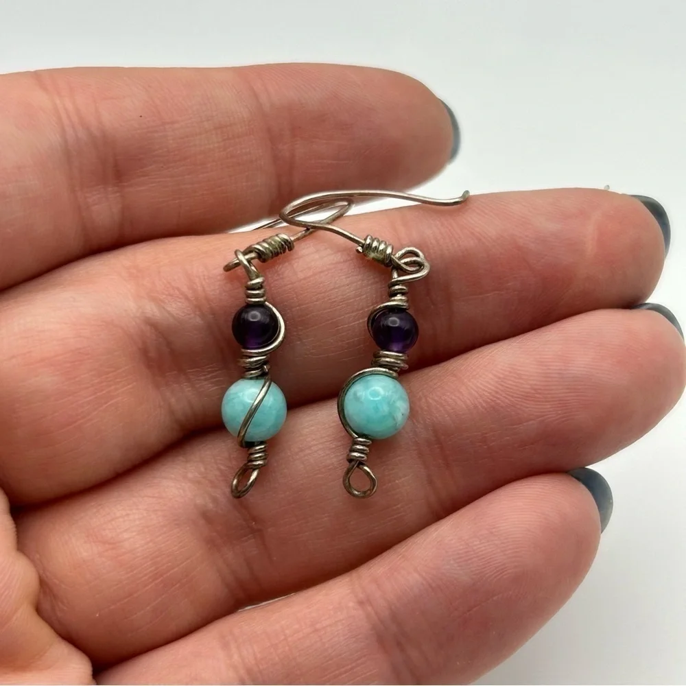 Boho Light Blue & Purple Beaded Wire Wrapped Dangle Earrings 925 Sterling Silver